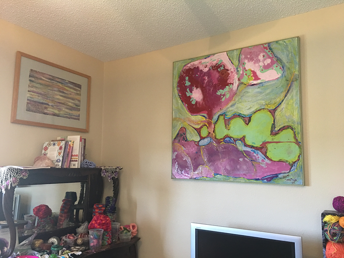 Main Guest Room: "The Yarn Room" with acrylic painting from 1982 (right) and framed pastel circa 2007 (left)