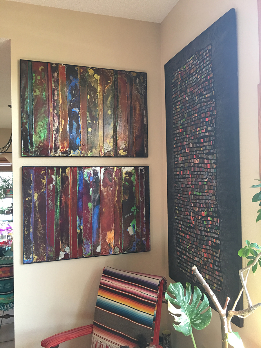 The Great Room: Paintings in the Corner. "Satin Riots" #2 and #3, mixed media, circa 1996 (left); "Lost Days," mixed media, circa 1995 (right).
