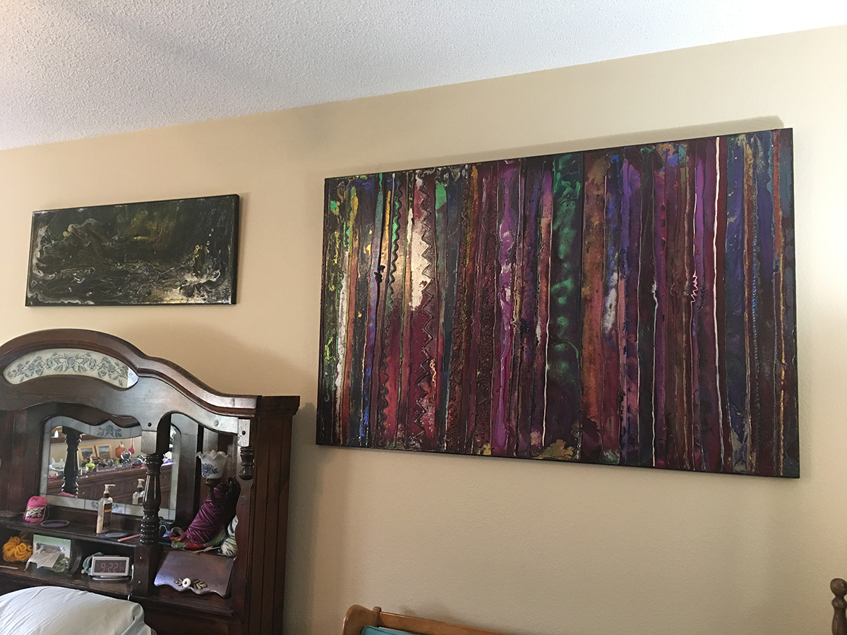 The Master Bedroom Paintings, Satin Riots #1, mixed media, circa 1996 (right); untitled mixed media circa 2000 (left).