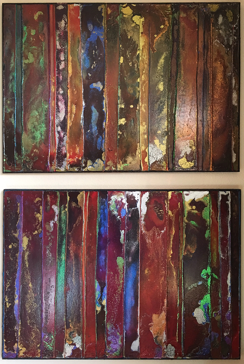 Satin Riots #1 and #2, Mixed Media, circa 1996, by Ann Stretton